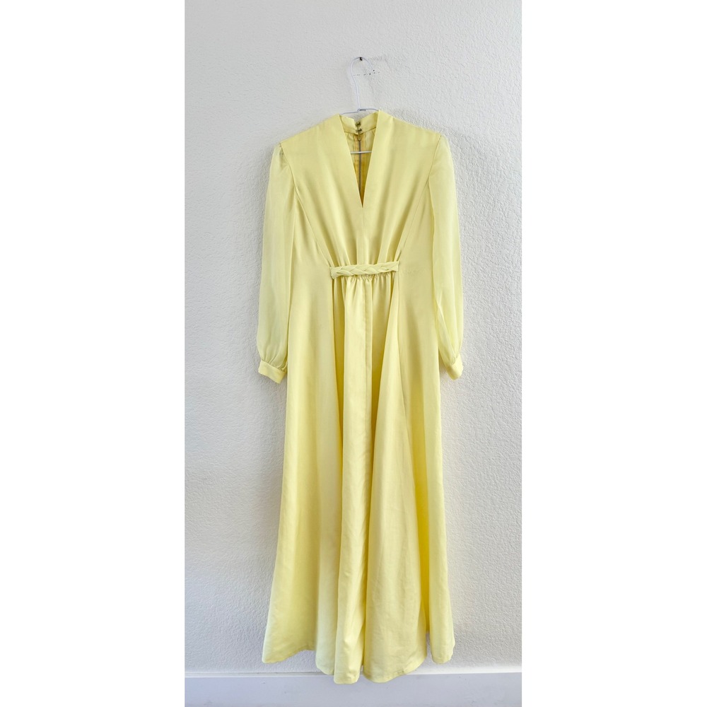 Vintage Maxi Dress Women‎ Small Butter Yellow Braided Waist V-Neck 70s Ethereal